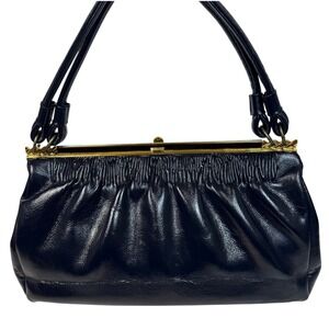 Vintage Elbief England Navy Blue Ruched Frame Handbag Gold Kiss Lock Clasp